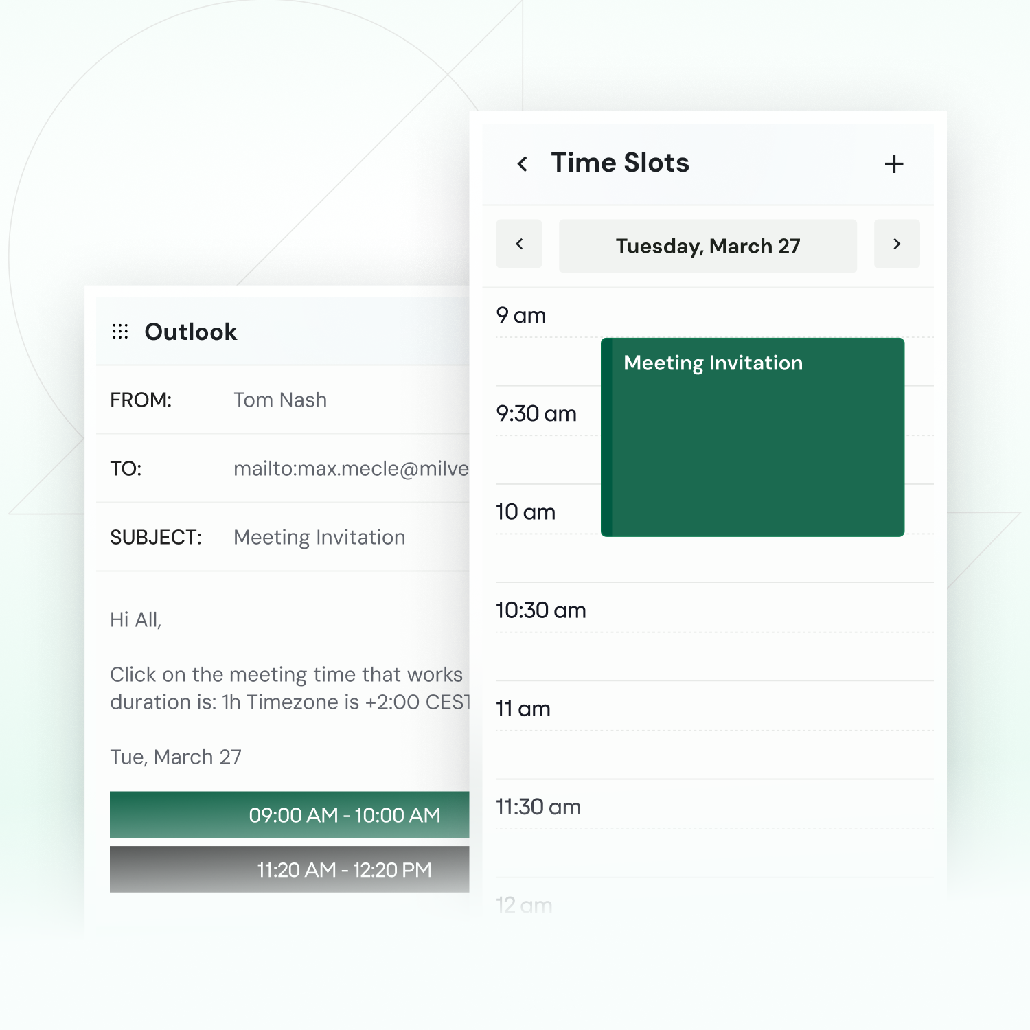 Time Slots booking flow — Outlook email with calendar
