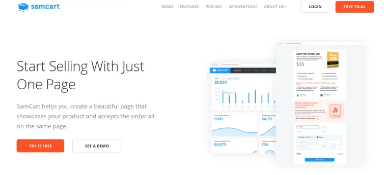 Home page of a SaaS website with orange call to action buttons