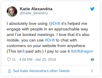 A tweet from a happy Drift software customer having a strong emotional attachment to them. – Revenuegrid