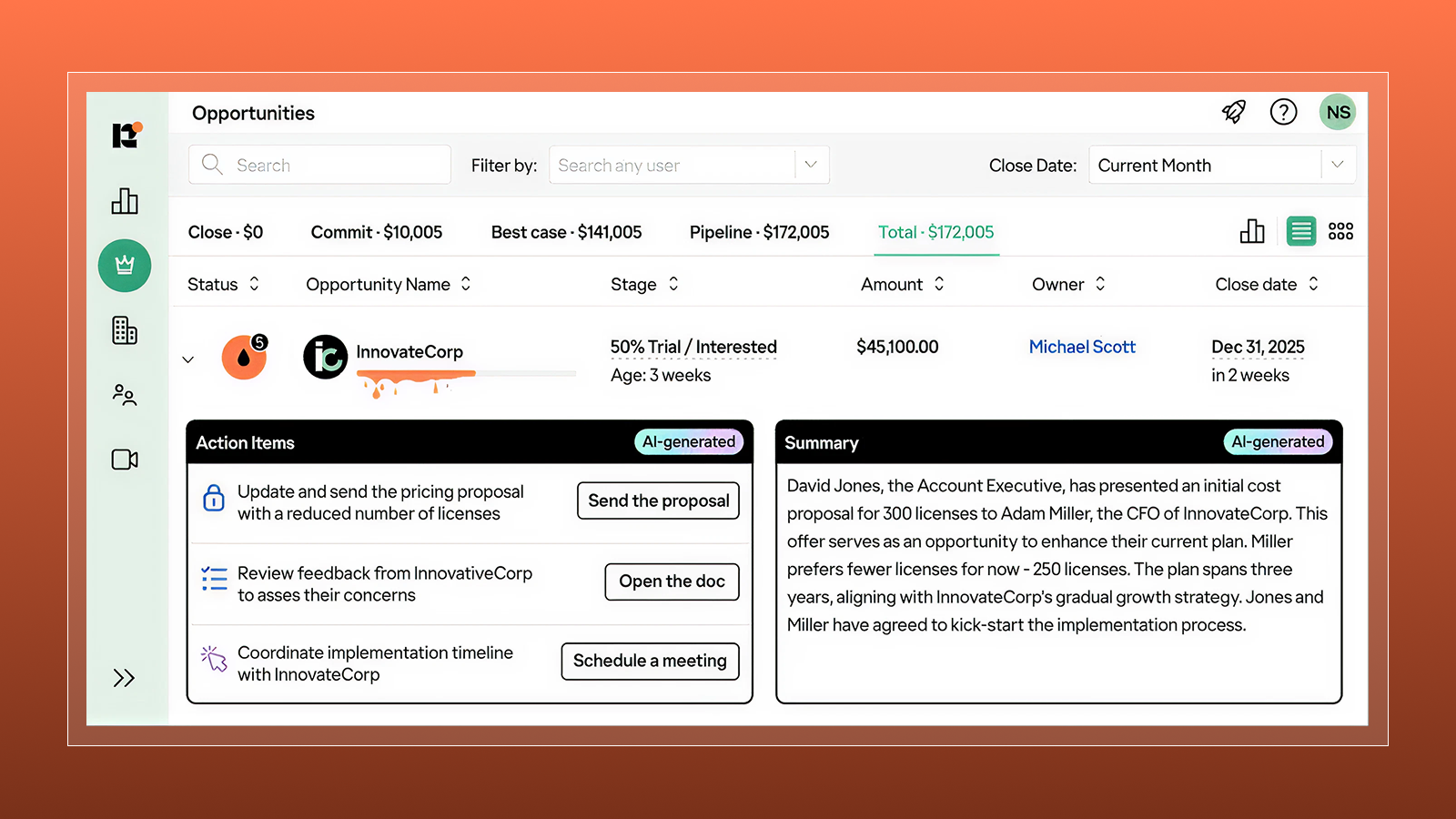 Opportunity view in Revenue Grid showing AI-generated action items